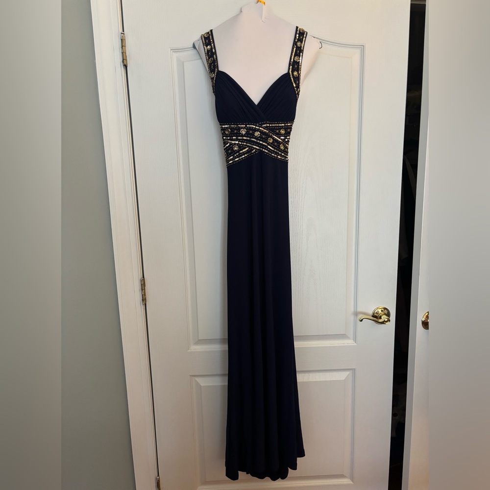 Navy Evening Gown with Gold Embellished Waist